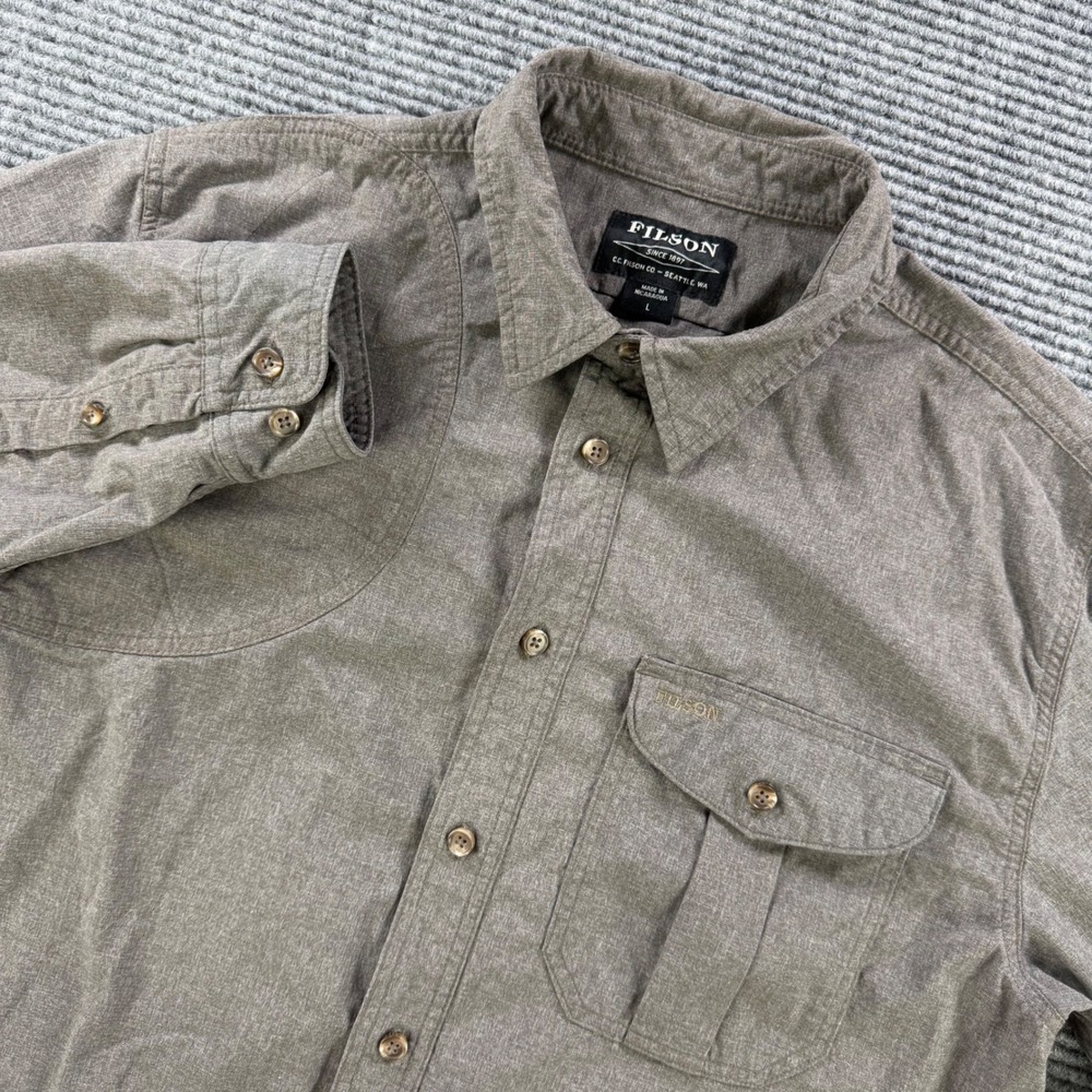 Filson Twin Lakes Sport Shirt Men Large Brown Shooting Patch Button Down Outdoor